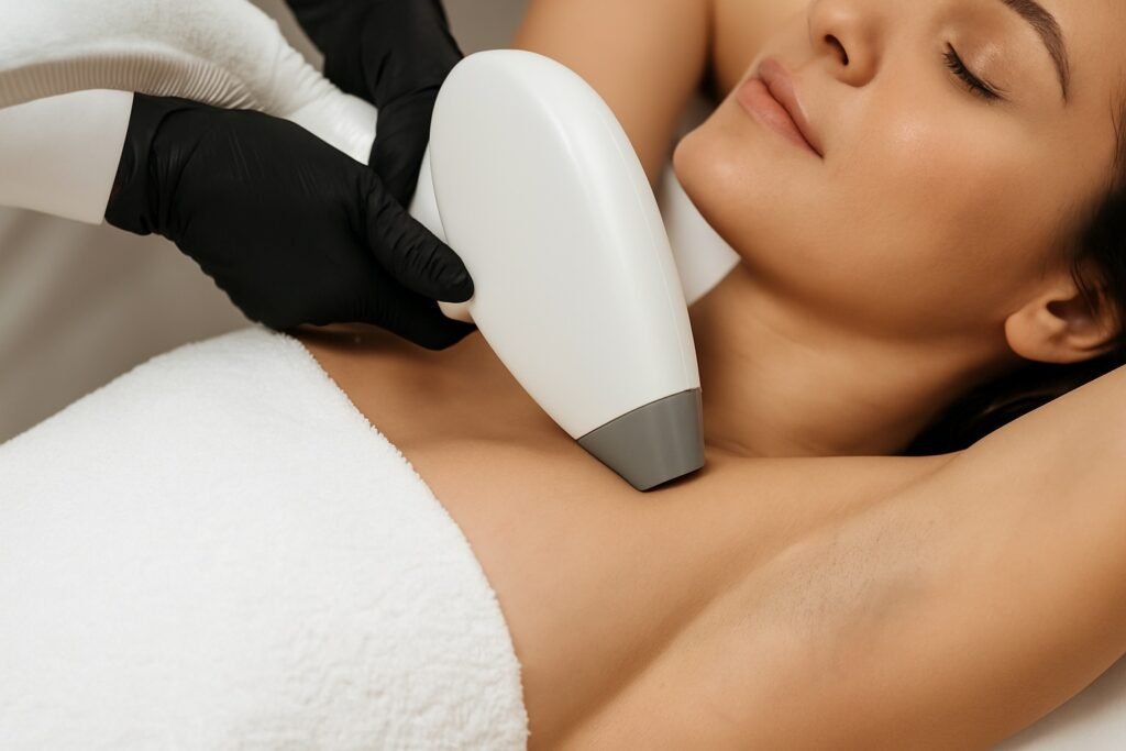 Vrouw ondergaat een laserontharingsbehandeling aan de oksel met een professioneel laserapparaat.