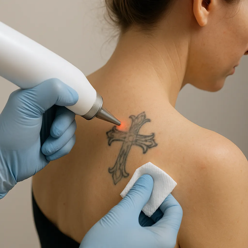 Close-up van een tattoo-verwijderingsbehandeling op een schouder met laser en blauwe handschoenen