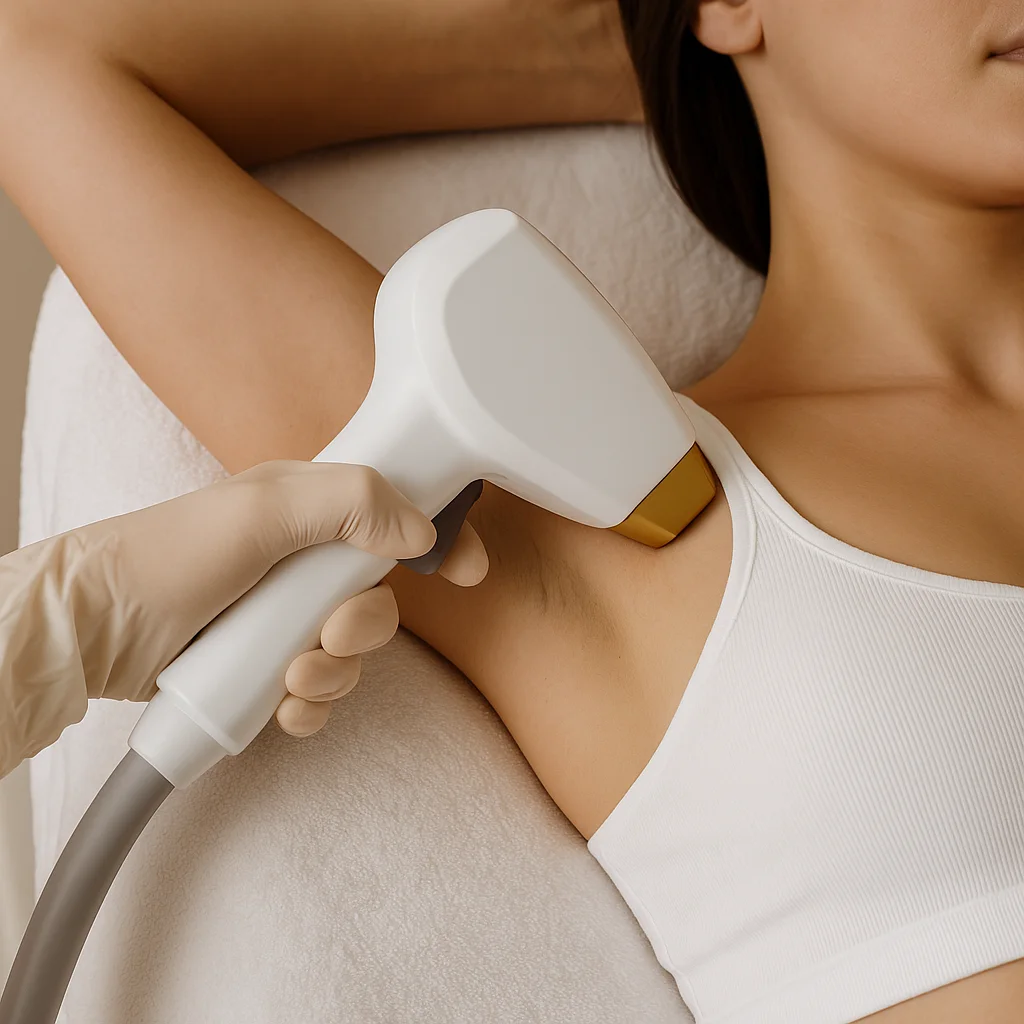 Laserbehandeling onder de oksel uitgevoerd door een specialist in een kliniek.