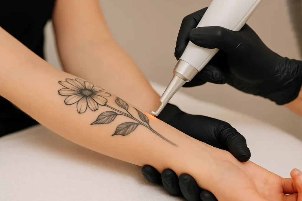 Een professional voert een laserbehandeling uit op een arm met een bloemmotief tatoeage, in een schone en neutrale behandelruimte