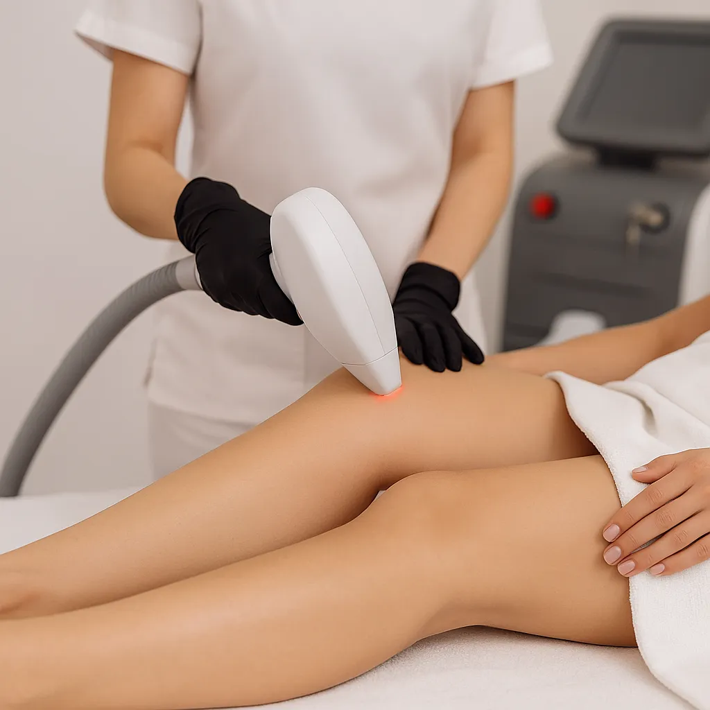Close-up van een laserontharingsbehandeling aan de benen in een moderne kliniek
