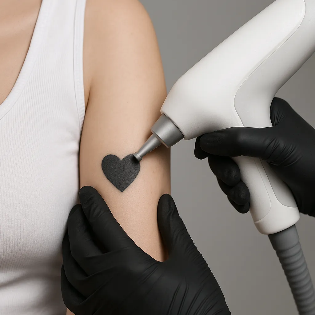 Laser verwijdert vervaagde hartvormige tatoeage op de arm, met zichtbaar pigmentverval
