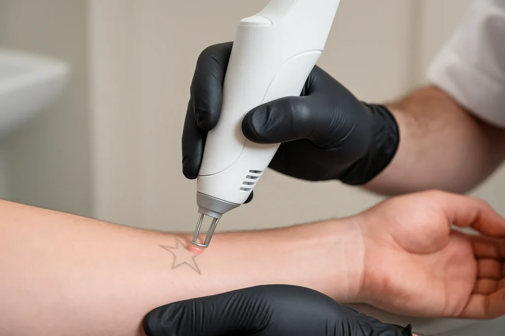 Close-up van een Picoway-laser die een vervagende ster-tatoeage behandelt op een onderarm, uitgevoerd door een professional met zwarte handschoenen