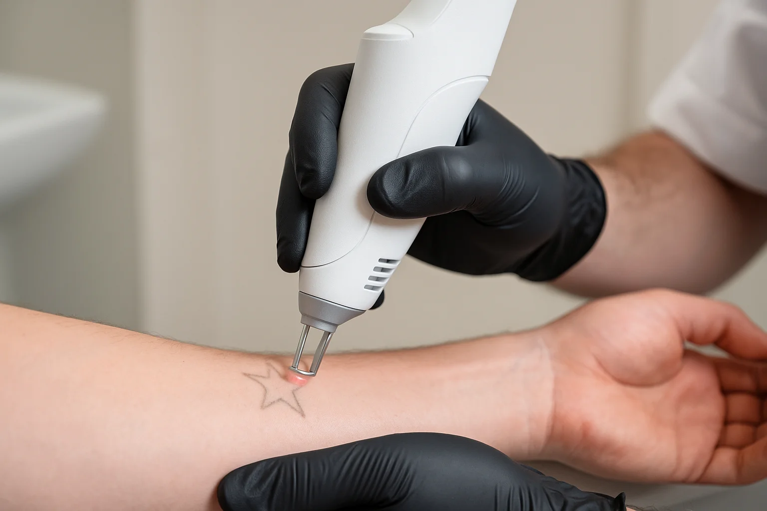 Close-up van een Picoway-laser die een vervagende ster-tatoeage behandelt op een onderarm, uitgevoerd door een professional met zwarte handschoenen