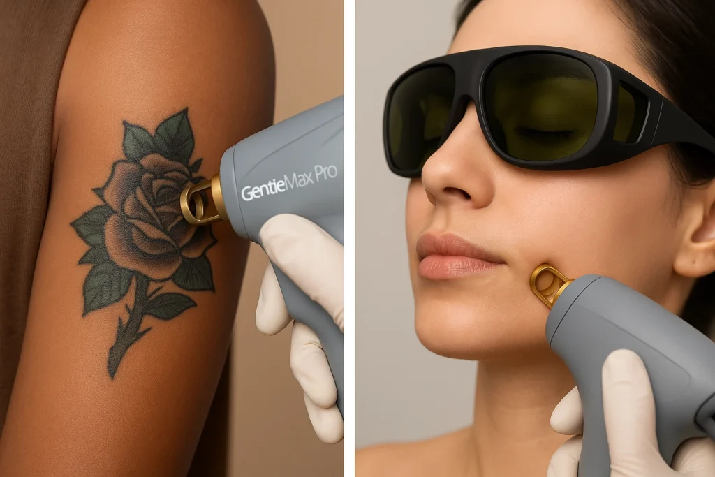 Laserbehandeling met Gentlemax Pro op een tattoo en gezichtshaar bij twee verschillende cliënten