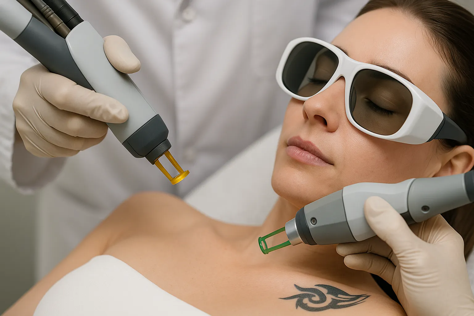 Close-up: laserspecialist gebruikt eenmaal groene en eenmaal gele tip van GentleMax Pro om tegelijk bovenlip­haartjes en tribal-tattoo op schouder te behandelen; cliënt draagt oogbescherming