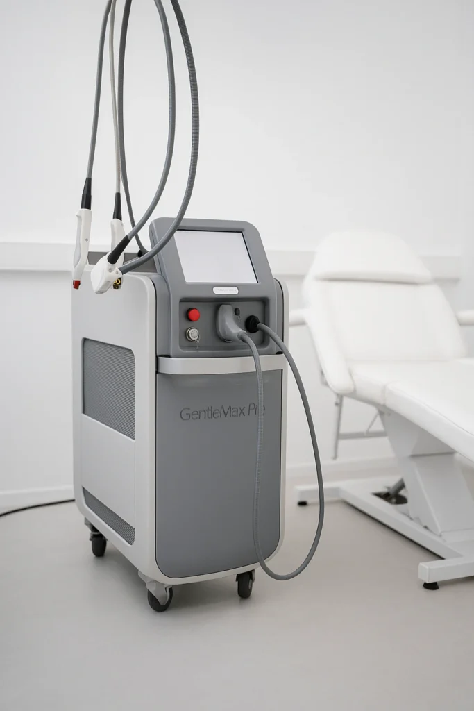 GentleMax Pro laserapparaat met dubbele handstukken in een moderne behandelkamer