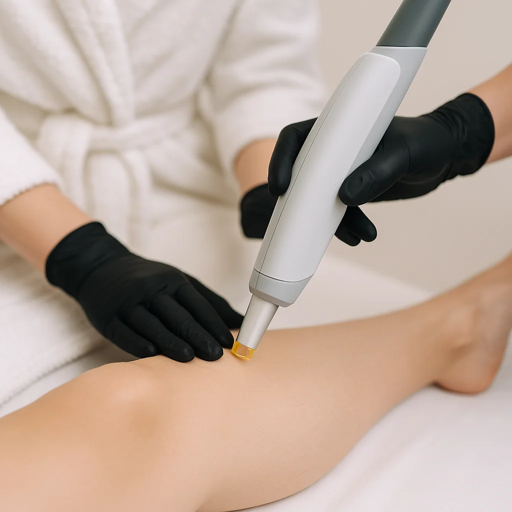 Close-up van laserontharing op een onderbeen met moderne handpiece in klinische omgeving