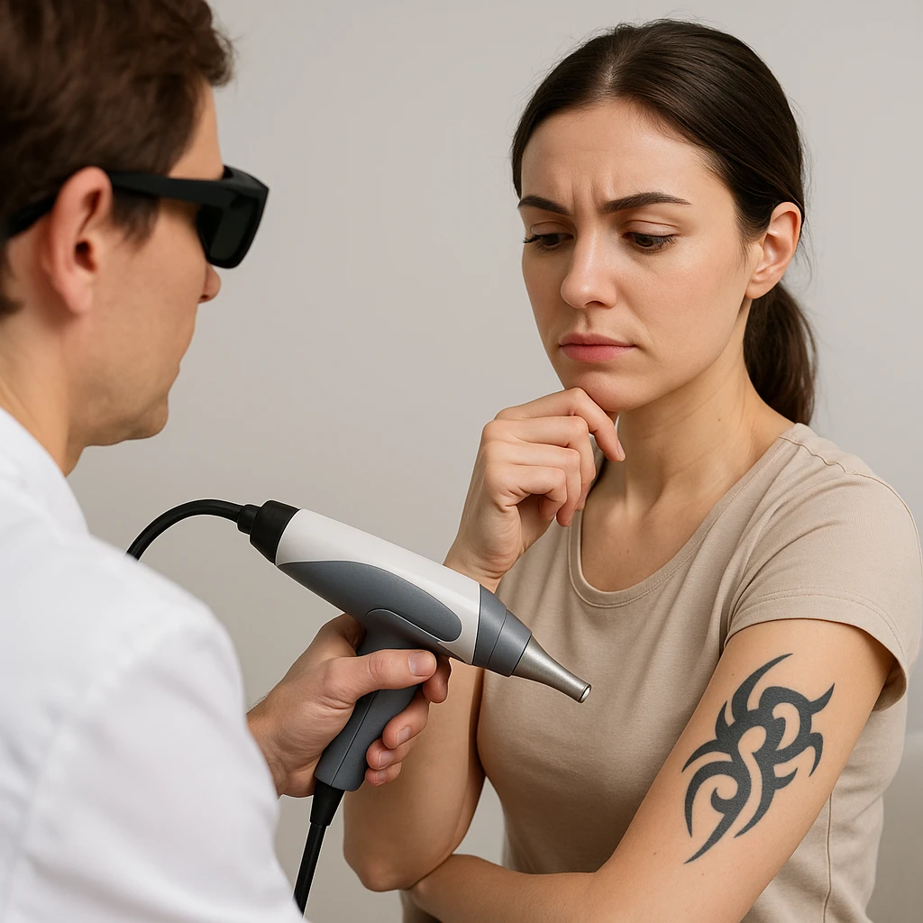 Vrouw kijkt nadenkend naar haar bovenarmtattoo tijdens een consult voor laserverwijdering
