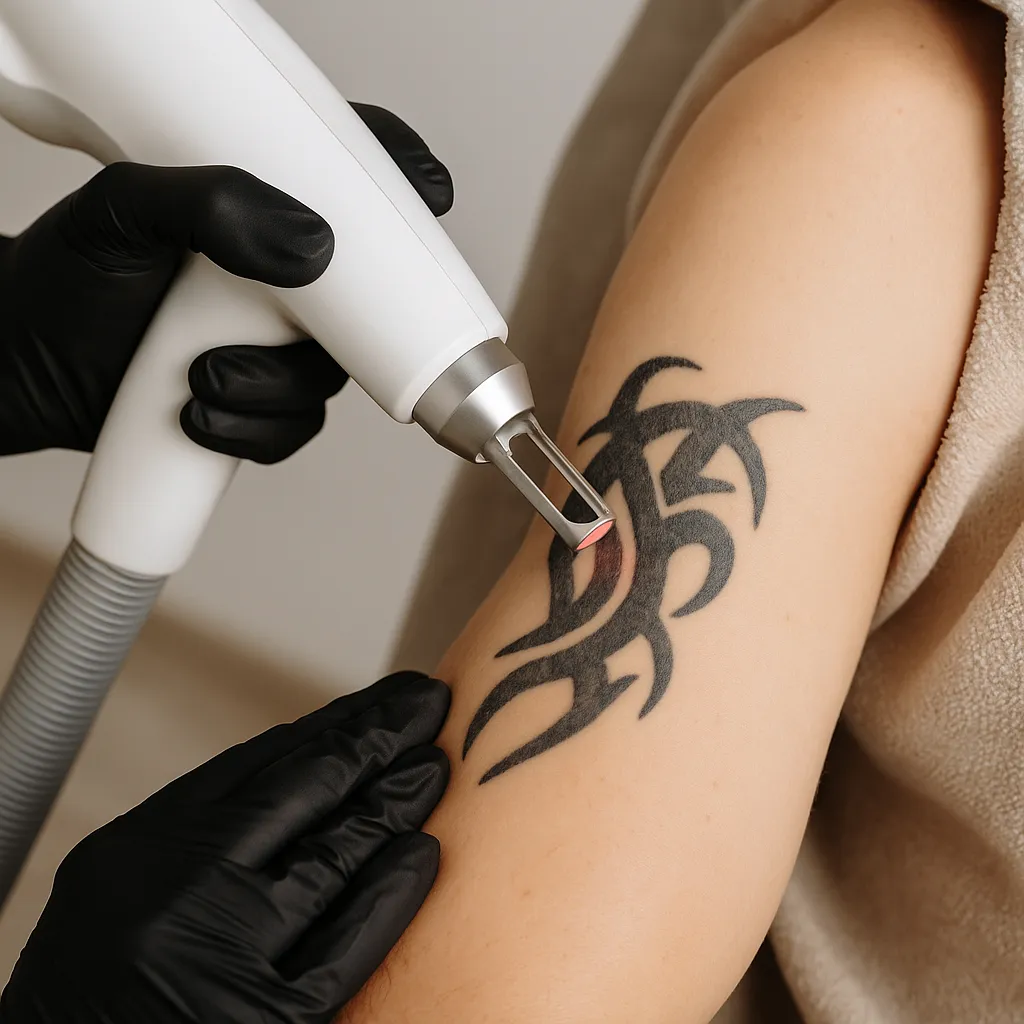 Een laserbehandeling wordt uitgevoerd op een tribal tatoeage op de bovenarm van een persoon