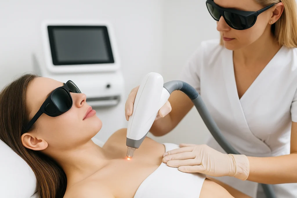Vrouw ondergaat laserbehandeling op de borst in klinische setting met moderne apparatuur