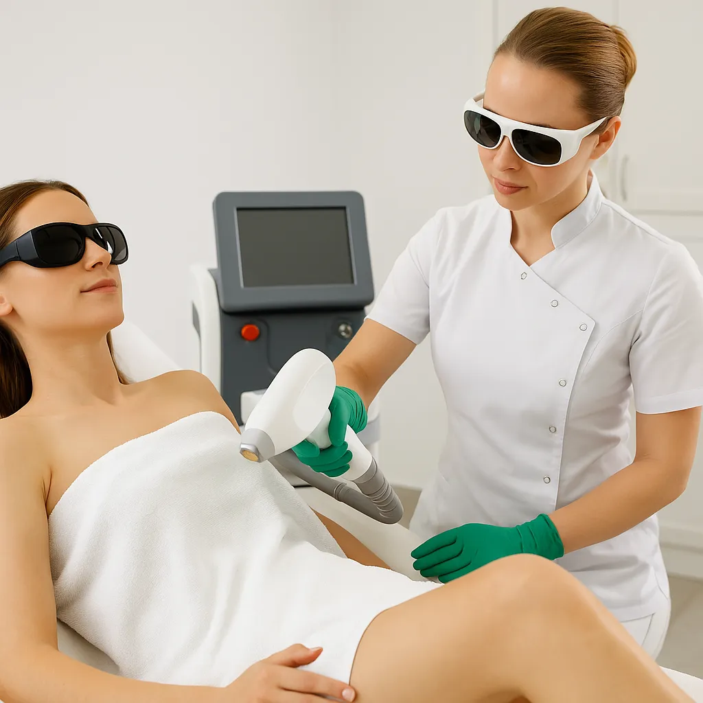 Een vrouw ondergaat een laserontharing aan haar onderbeen in een steriele kliniek terwijl een specialist met groene handschoenen nauwkeurig te werk gaat