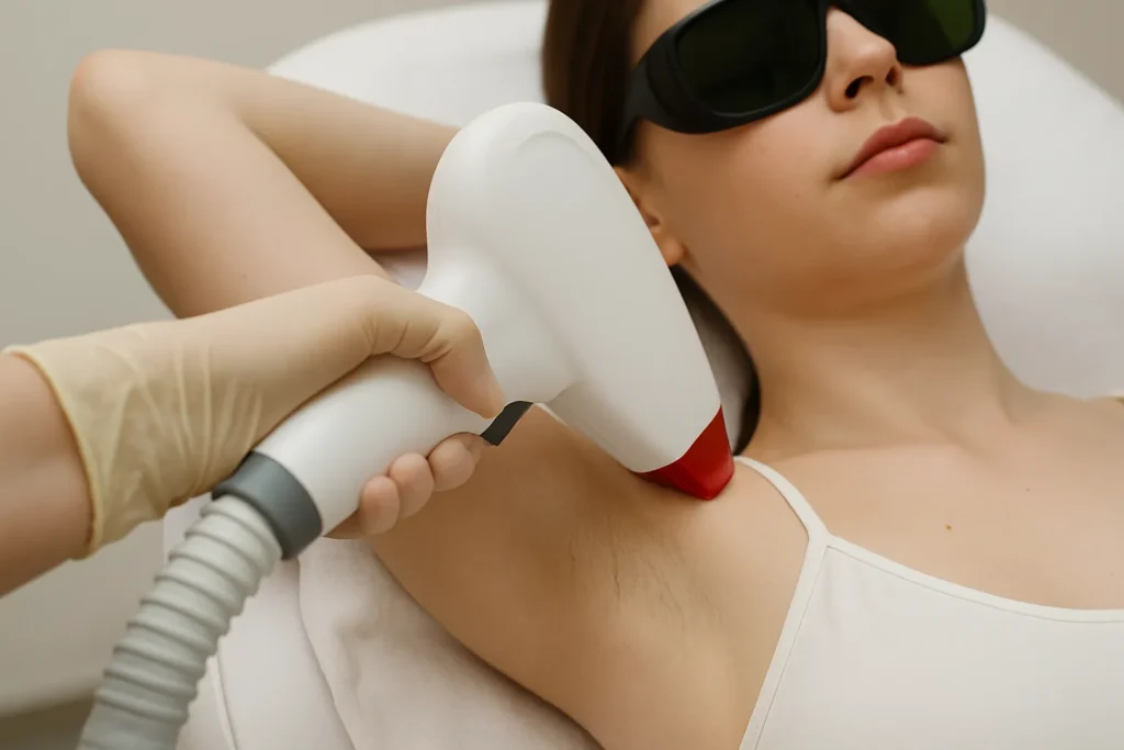 Een vrouw ondergaat een laserontharingsbehandeling aan haar oksel in een kliniek