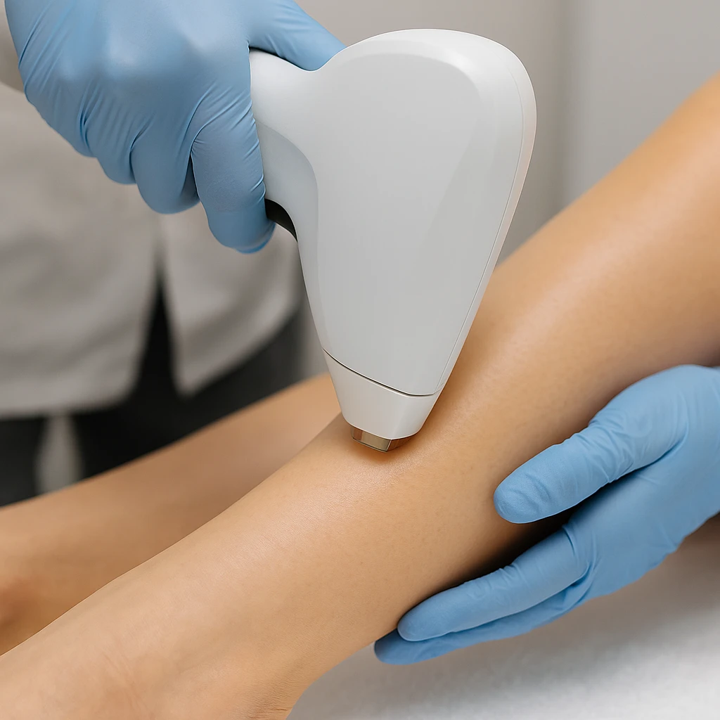 Laserbehandeling op onderbeen met witte laserkop en handschoenen in klinische omgeving