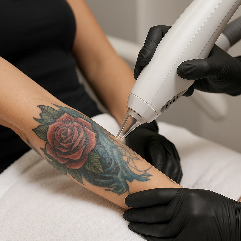 Picoway laserbehandeling op kleurrijke rozentattoo op onderarm in klinische setting