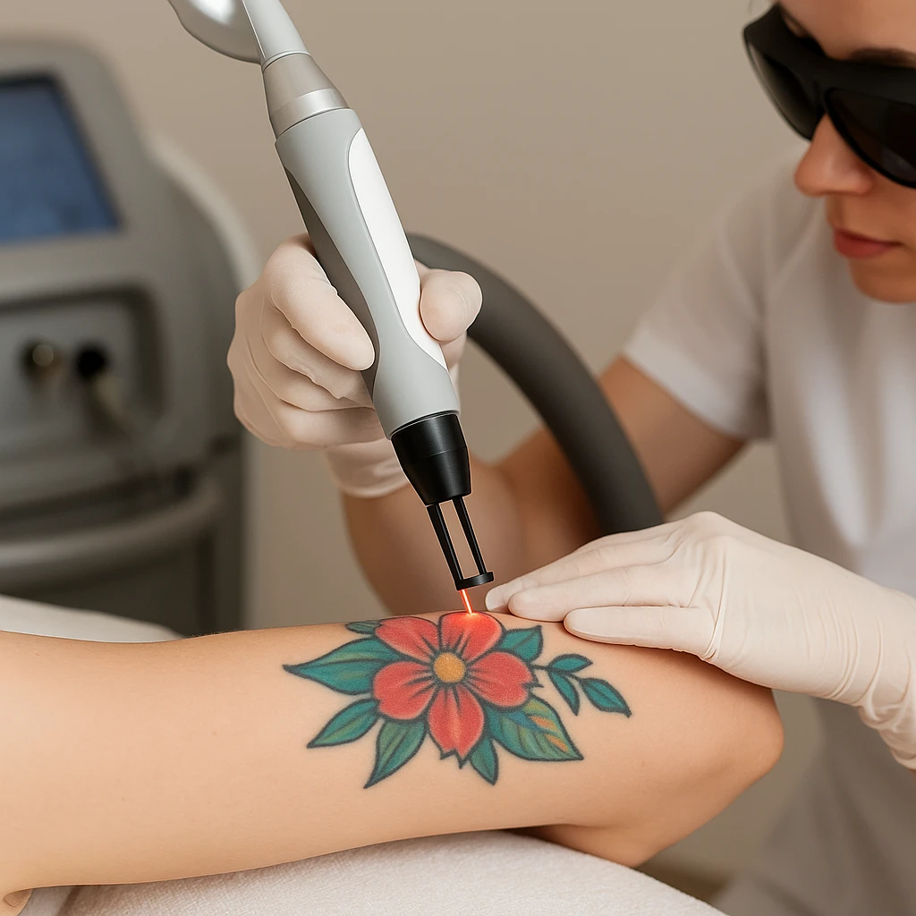 Picoway laserbehandeling op een gekleurde tatoeage met moderne apparatuur