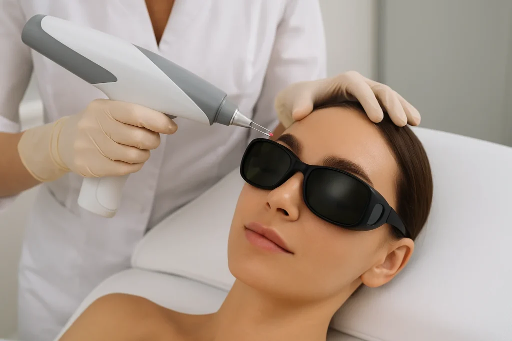 Laserbehandeling voor PMU verwijderen op wenkbrauw in professionele kliniek