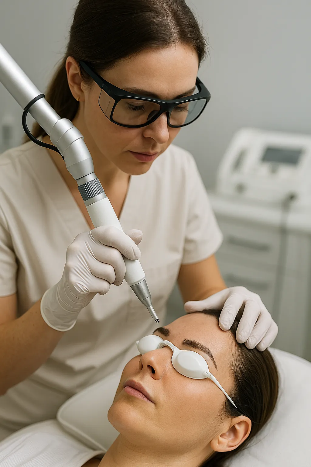 Lasertherapeut verwijdert permanente make-up van wenkbrauwen met pico­laser; cliënt draagt oog­bescherming; realistische foto zonder tekst