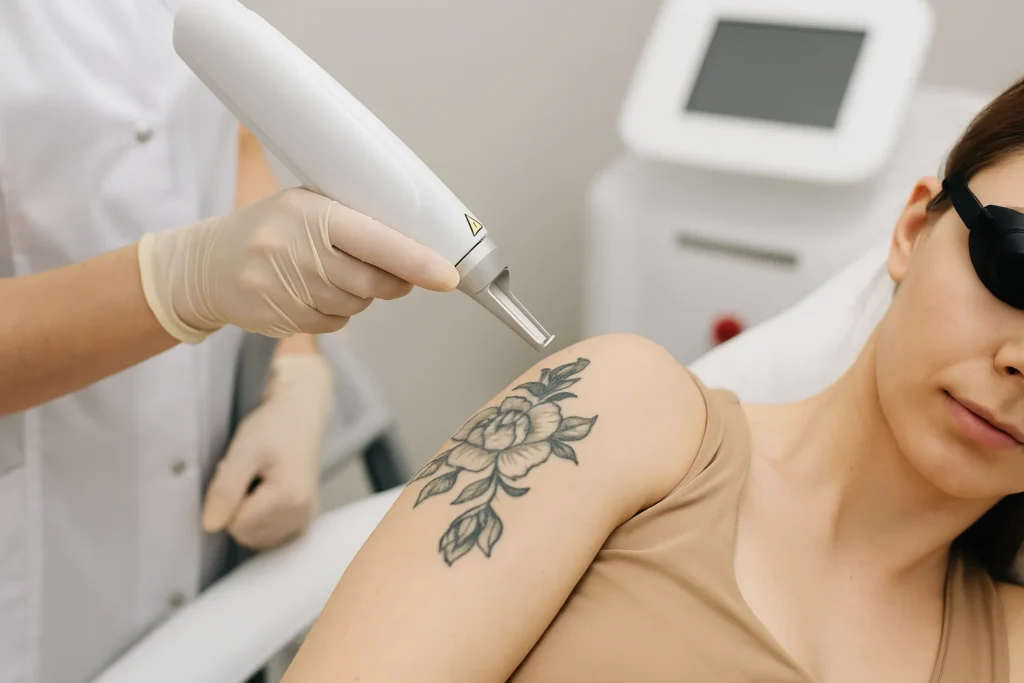 Laserbehandeling voor tatoeageverwijdering op bovenarm van vrouw in klinische setting