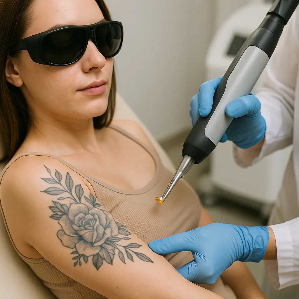 Lasertherapeut verwijdert tatoeage van vrouwelijk bovenarm in kliniek; realistische foto zonder zichtbare tekst