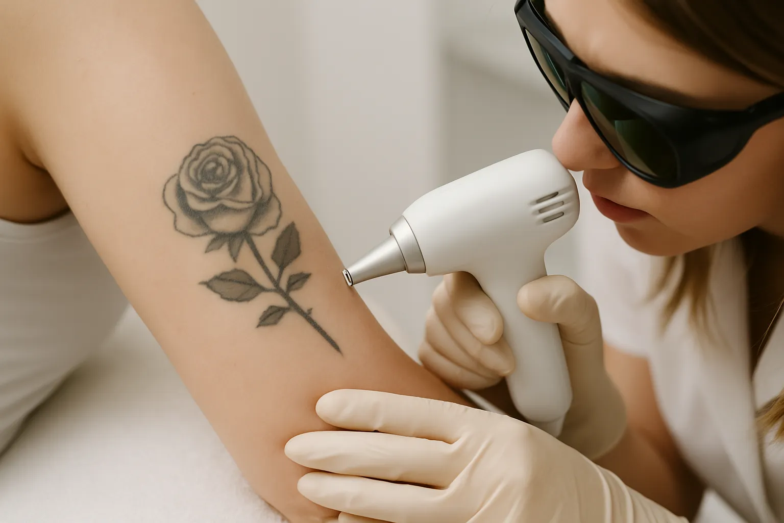 Close-up van een laserbehandeling waarbij een zwarte roostattoo op de arm wordt verwijderd door een specialist met beschermende bril en handschoenen