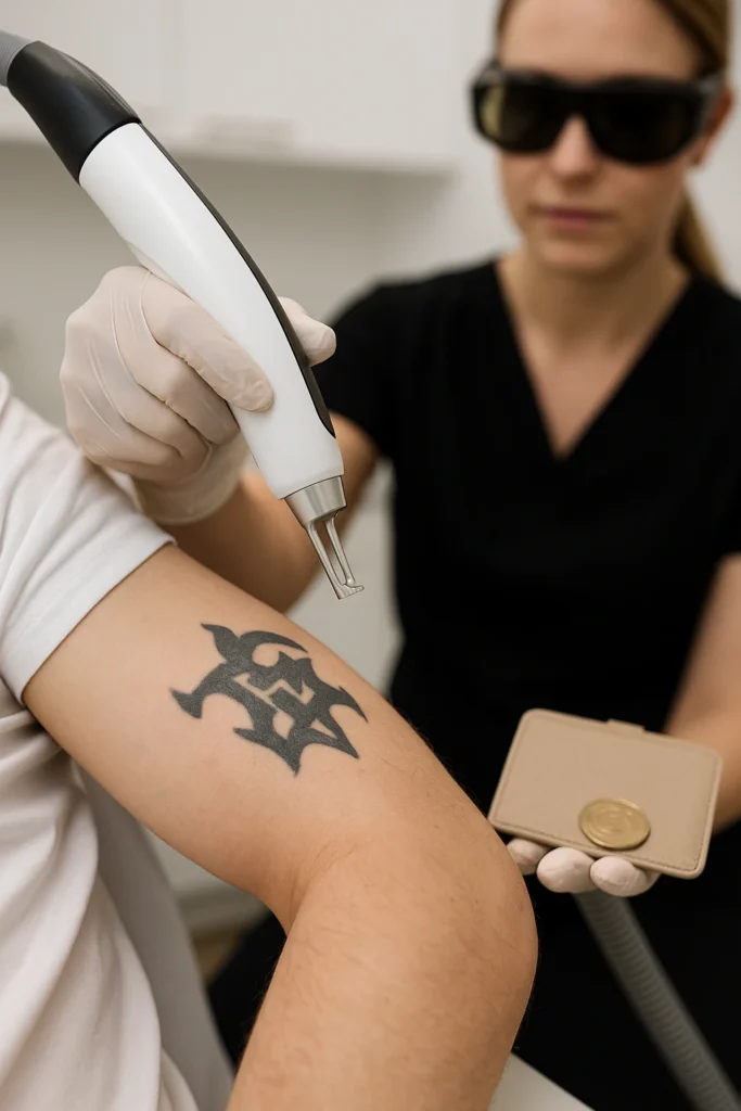 Laserbehandeling op bovenarm met zwart tribal-tattoo door specialist met veiligheidsbril