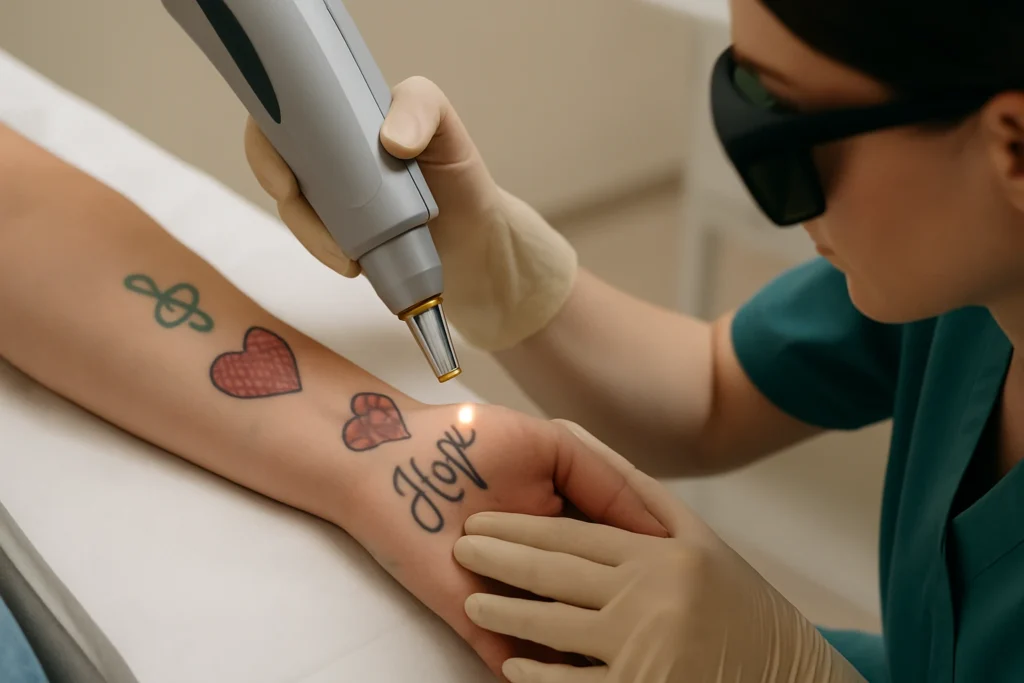 Laserbehandeling op onderarm met kleurrijke tatoeages, uitgevoerd door medisch specialist