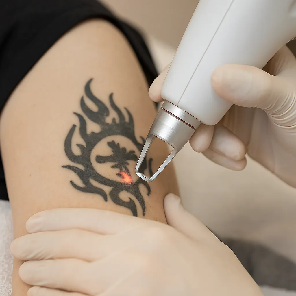Een specialist voert een laserbehandeling uit op een zwarte tatoeage op een bovenarm