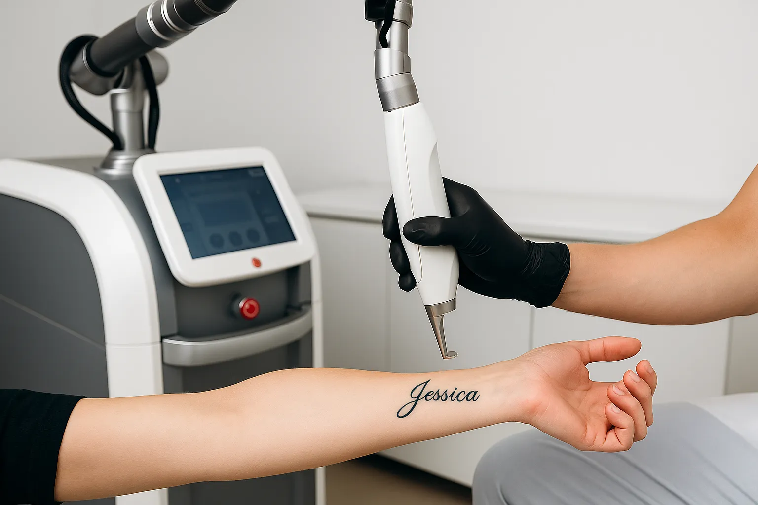 Laser verwijdert tatoeage met naam op onderarm in een steriele kliniek, geen overige zichtbare tekst