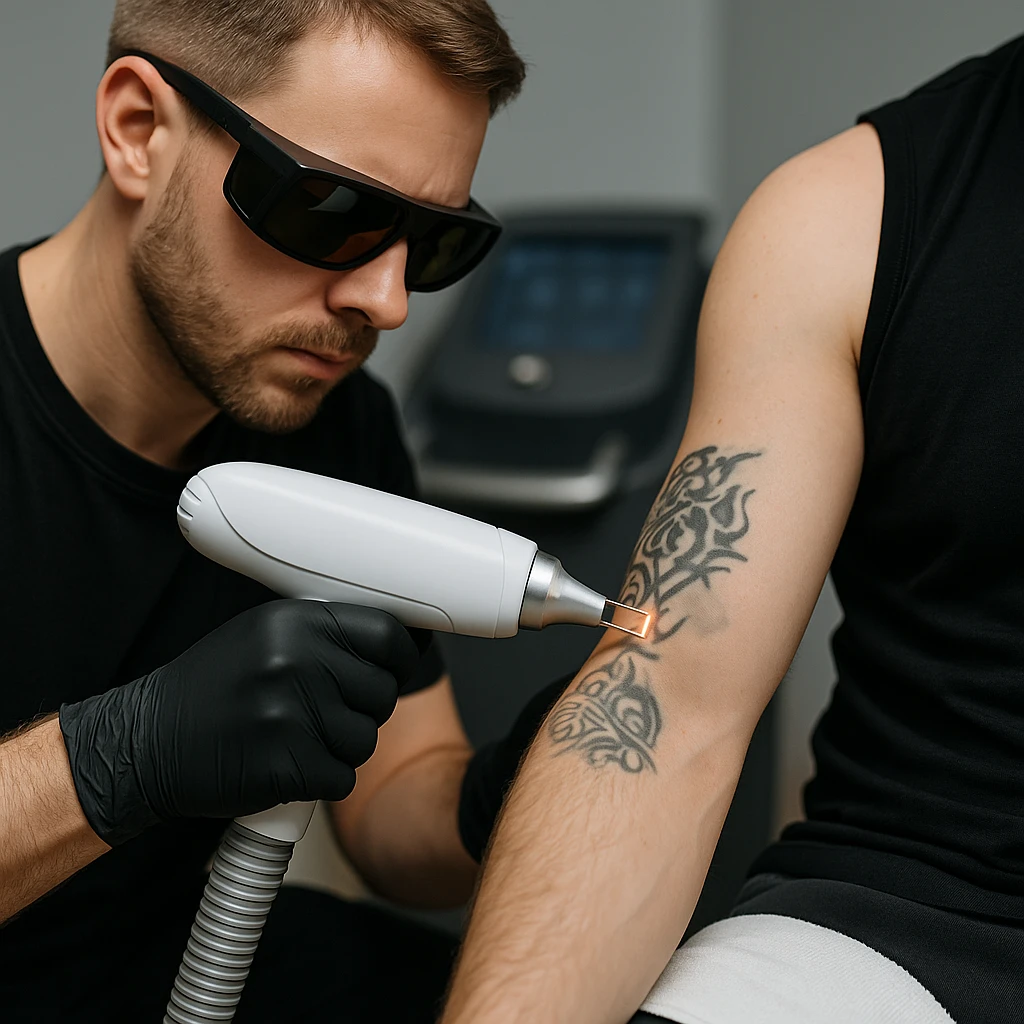 Specialist voert laserbehandeling uit op bovenarm met zwart tribal-tattoo