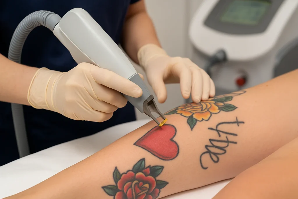 Laserbehandeling op bovenarm met kleurrijke tatoeages, gericht op rood hartdesign