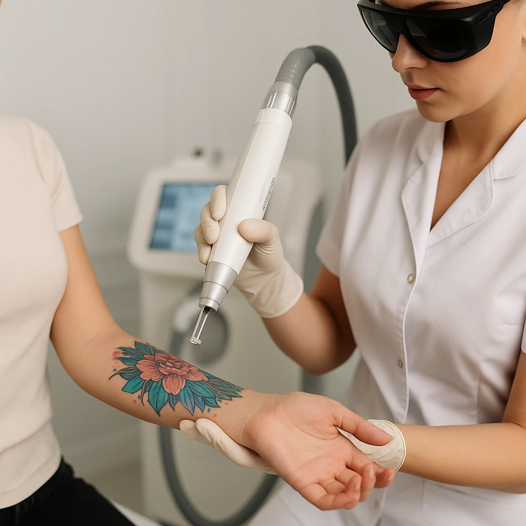 Laserbehandeling op onderarm met kleurrijke bloementattoo in moderne kliniek