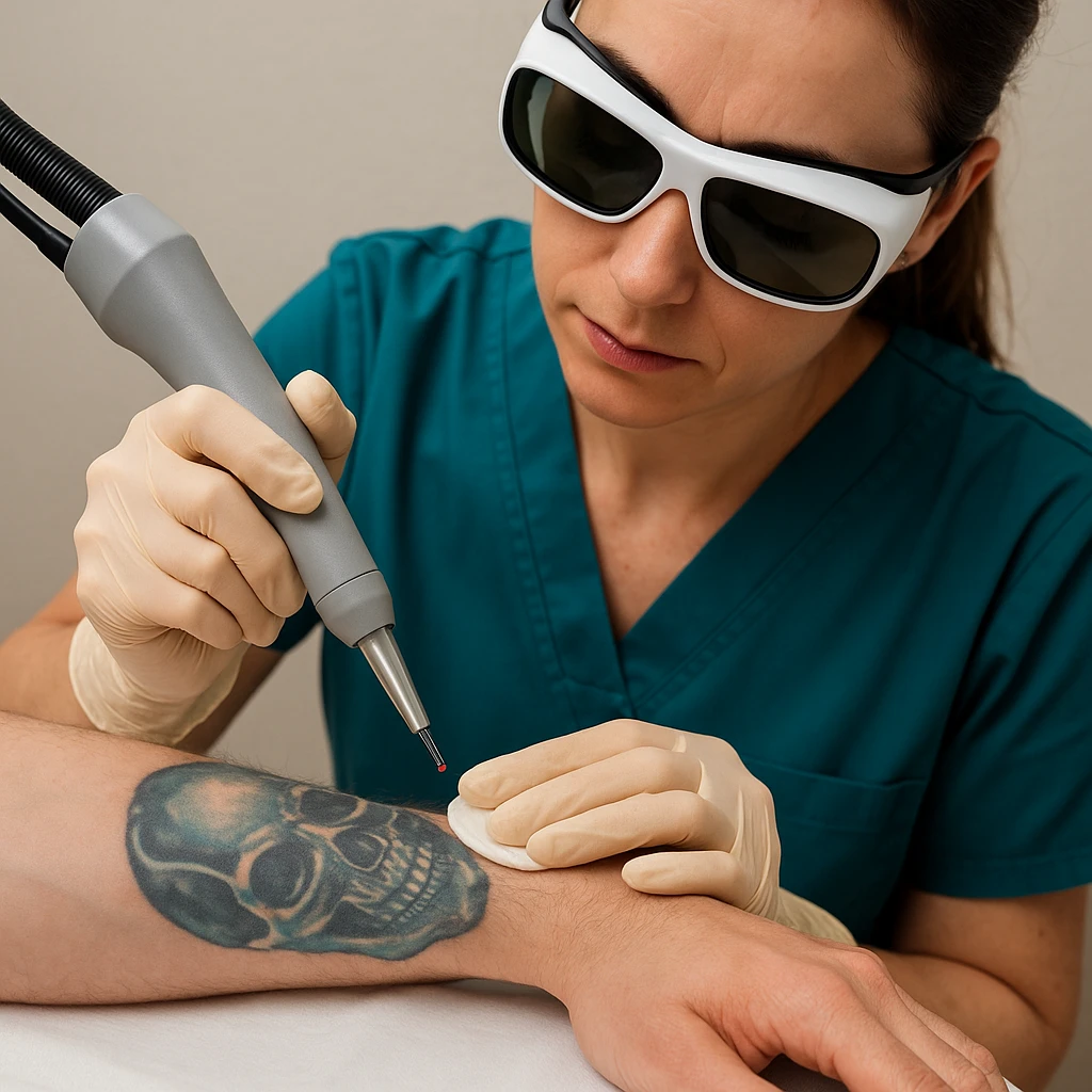 Zorgprofessional voert laserbehandeling uit op tattoo van schedel op onderarm van cliënt