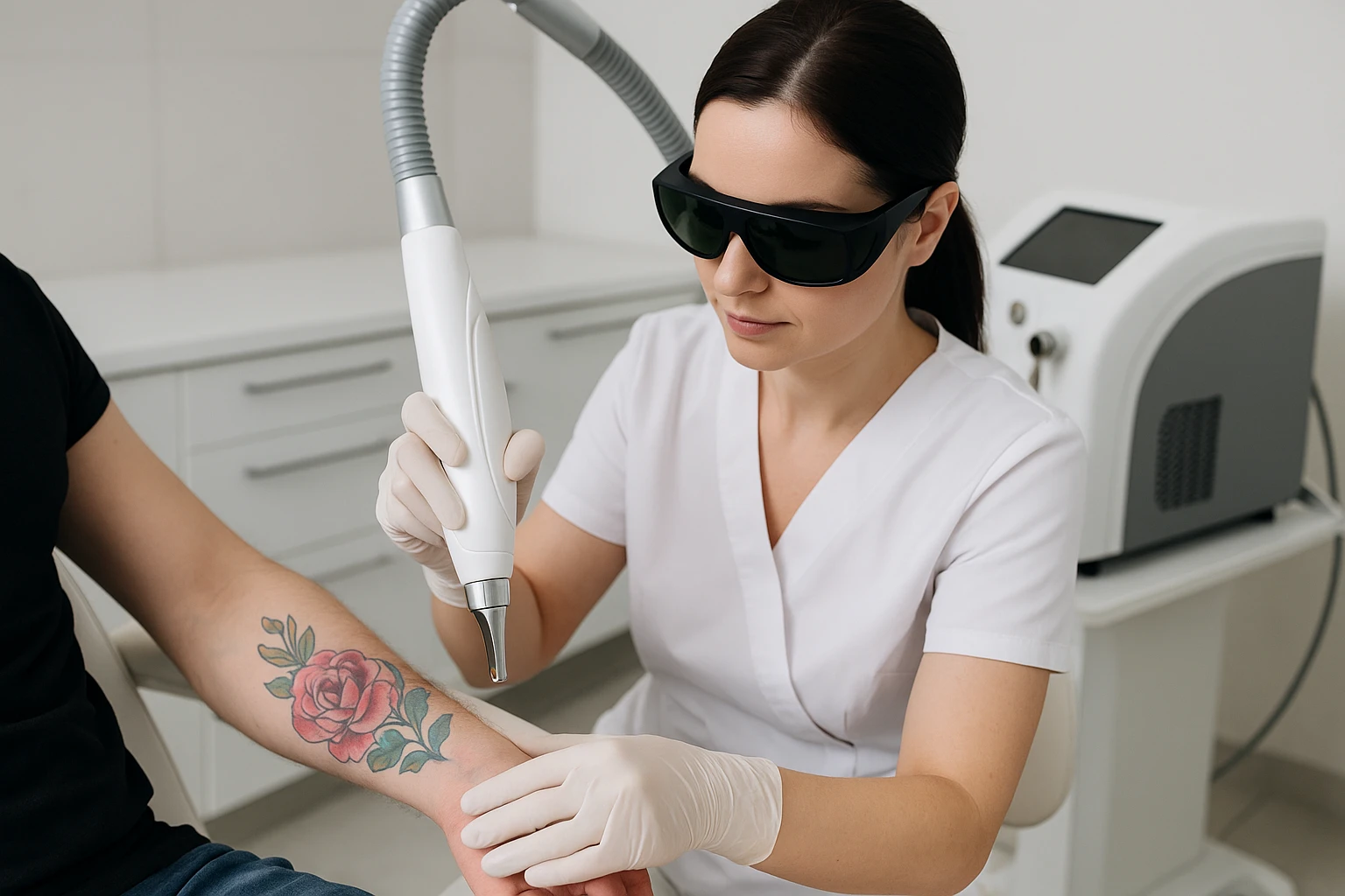 Laserbehandeling op kleurrijke rozentattoo op onderarm door vrouwelijke specialist