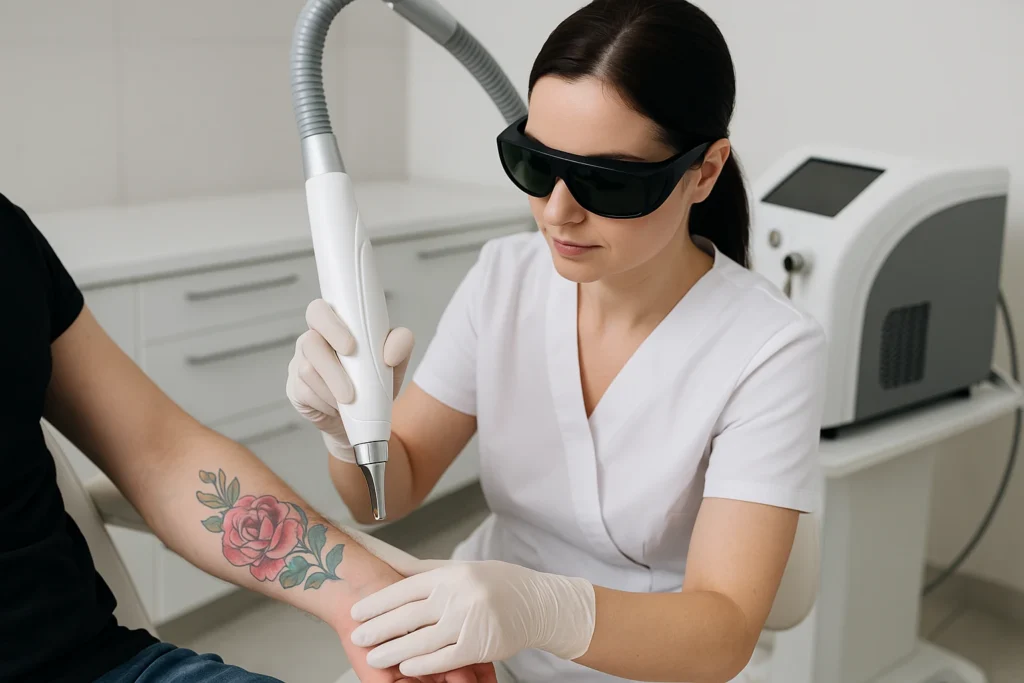 Laserbehandeling op kleurrijke rozentattoo op onderarm door vrouwelijke specialist