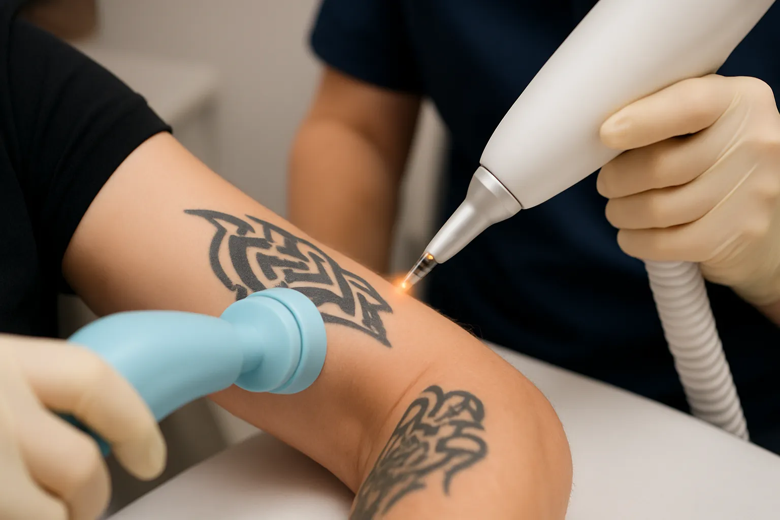 Laserbehandeling voor het verwijderen van een tatoeage op de onderarm in een klinische setting
