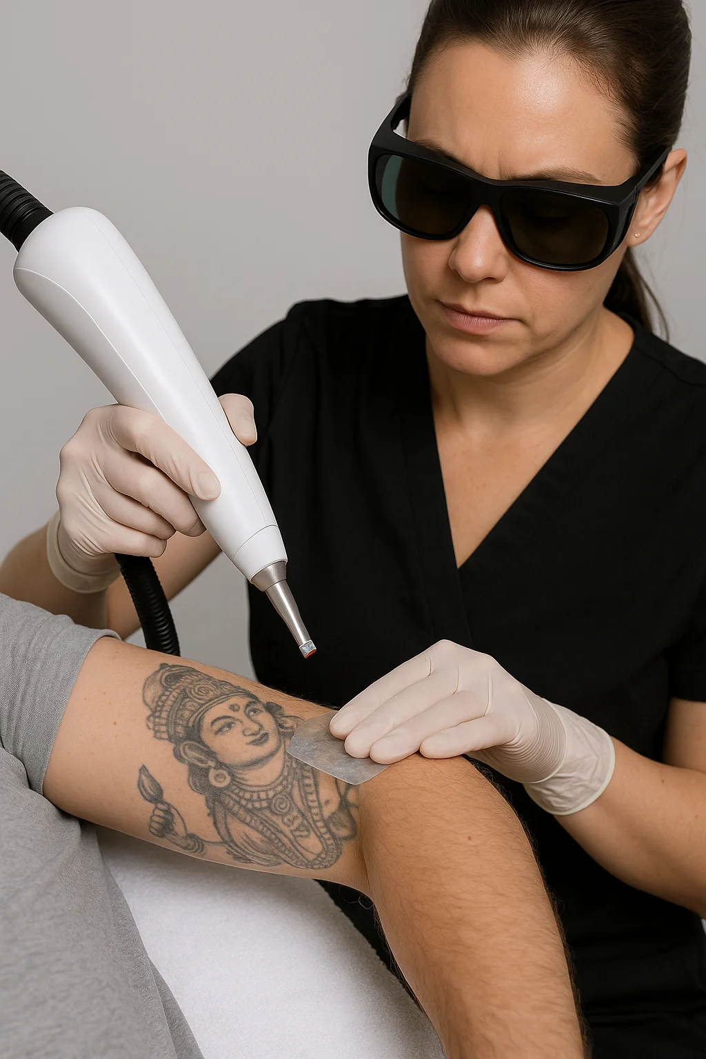 Laserbehandeling voor het verwijderen van een tatoeage op de bovenarm door een huidtherapeut met beschermbril