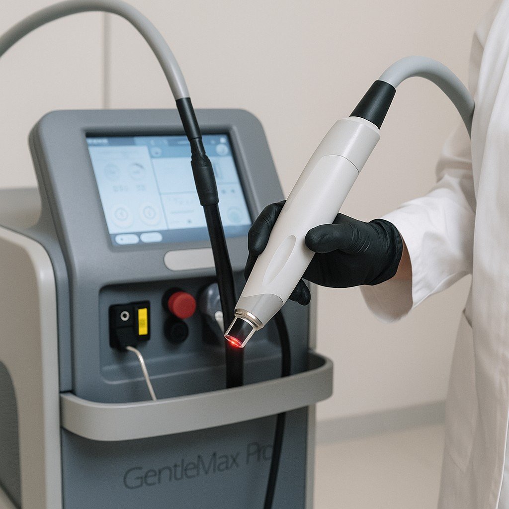 Een close up van een laserbehandeling op een onderbeen met een professioneel medisch laserapparaat