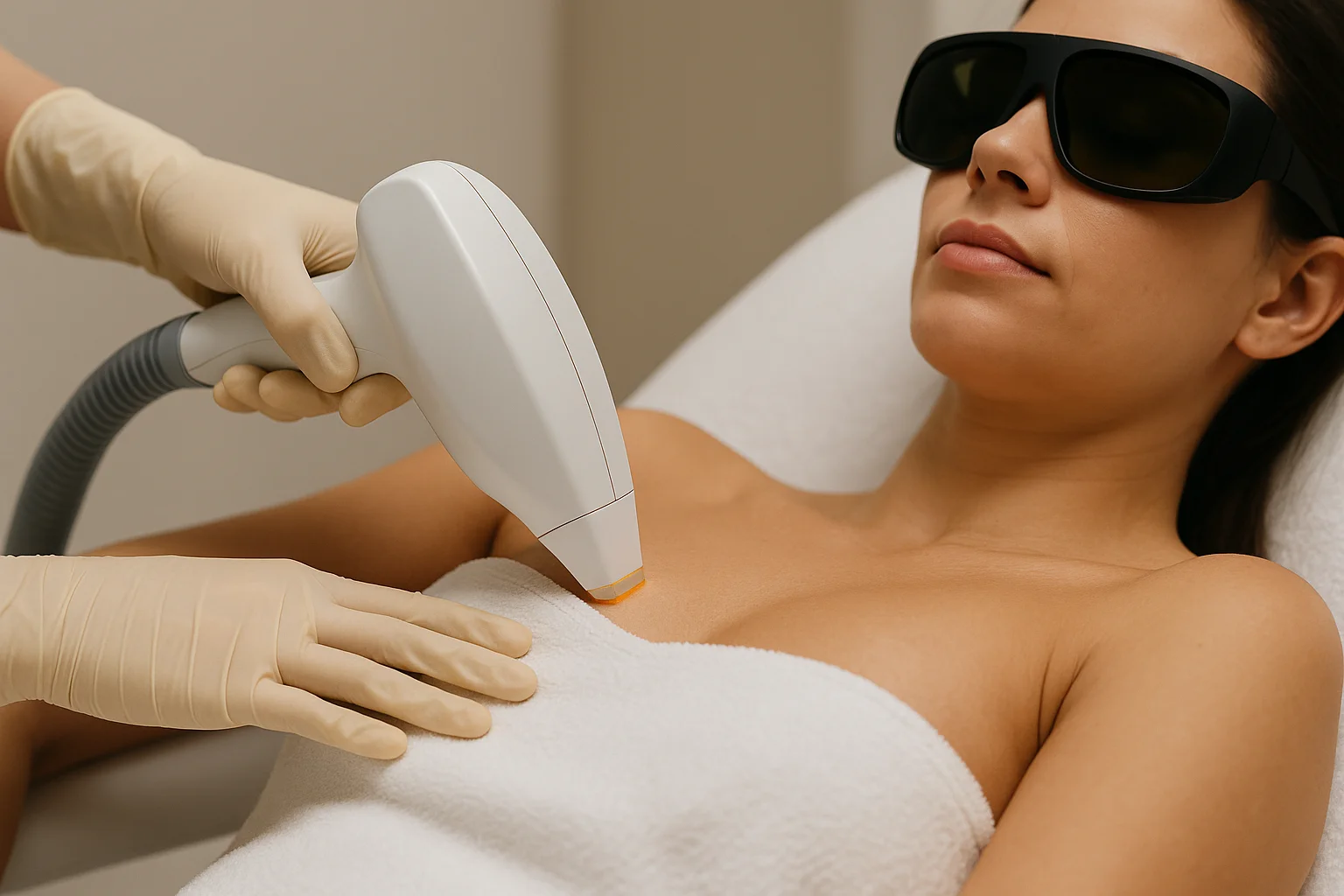 Vrouw ondergaat een professionele laserontharing van de oksel met beschermende bril.