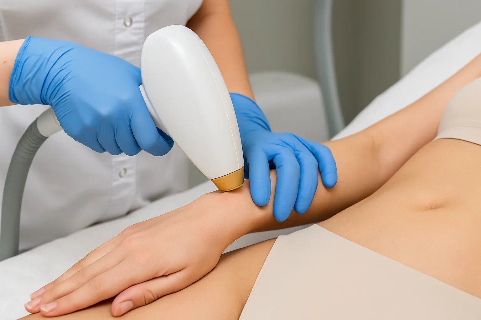 Laserbehandeling van vrouwenvoorarm uitgevoerd door specialist met blauwe handschoenen in steriele kliniek.