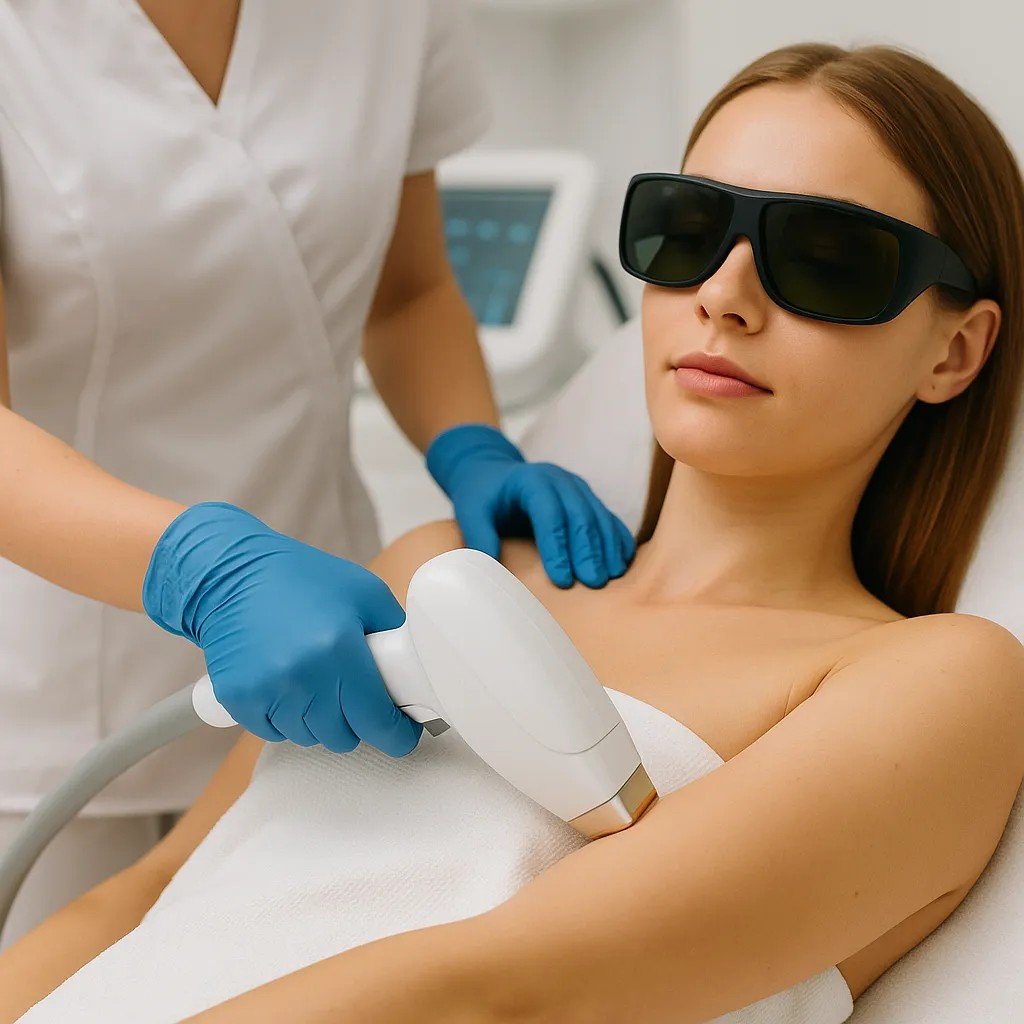 Een vrouw ondergaat een professionele laserontharingsbehandeling op haar benen in een moderne kliniekomgeving