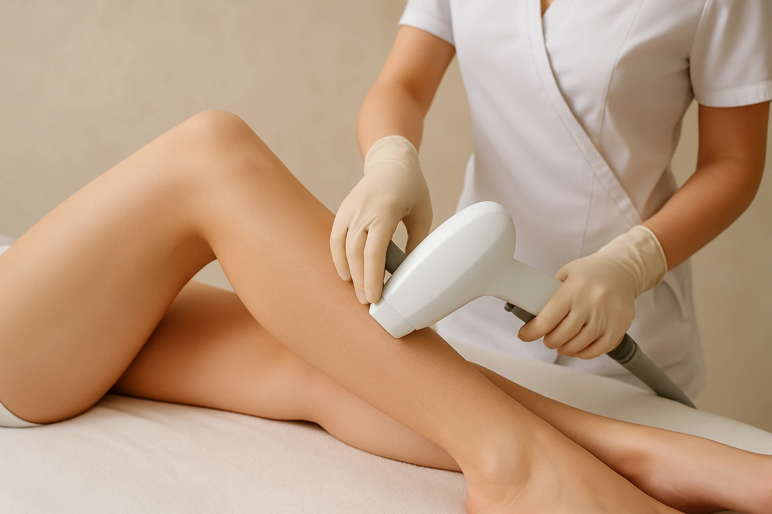 Vrouw ondergaat laserontharing op het onderbeen in een professionele kliniek.