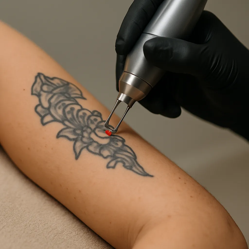 Laserbehandeling van een zwarte florale tatoeage op de bovenarm