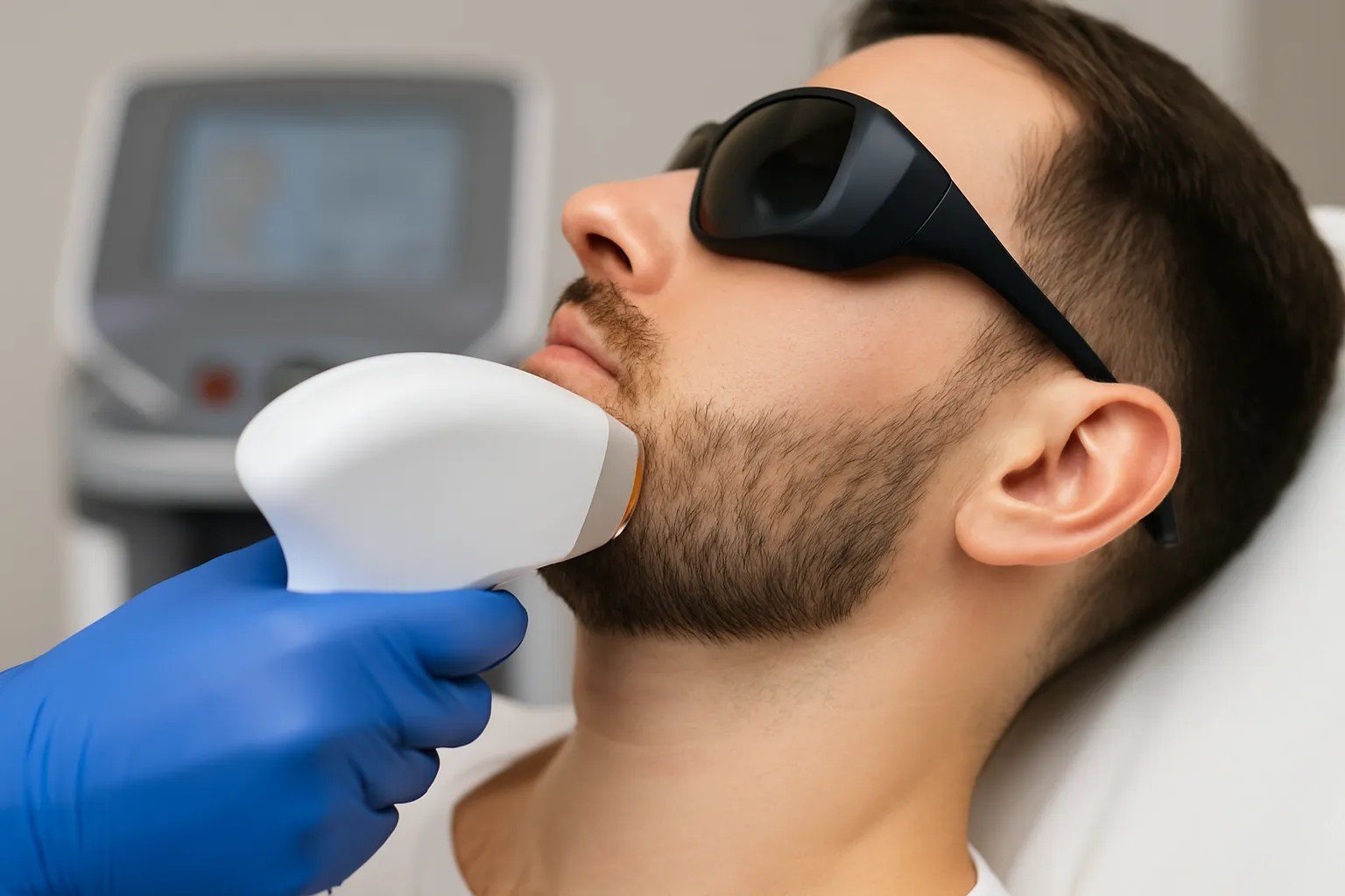 Laser ontharing van mannelijke baardlijn in moderne kliniek met veiligheidsbril en blue gloves