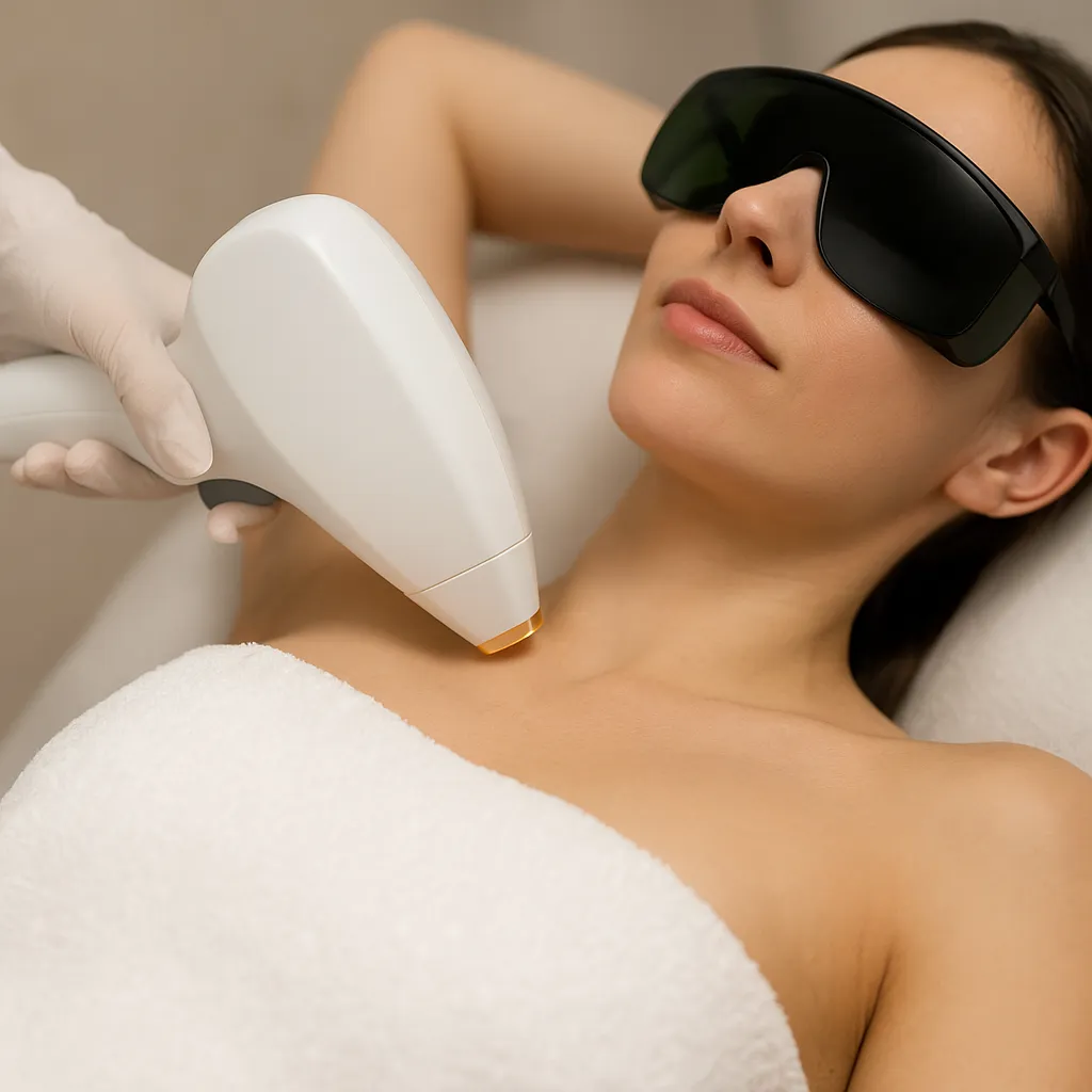 Vrouw ondergaat een professionele laserontharingsbehandeling op haar oksel in een kliniek, met beschermende bril op en behandelapparatuur zichtbaar.