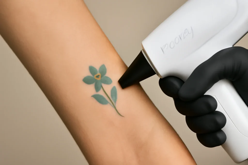 Picoway laser gericht op blauwe bloemvormige tatoeage op onderarm