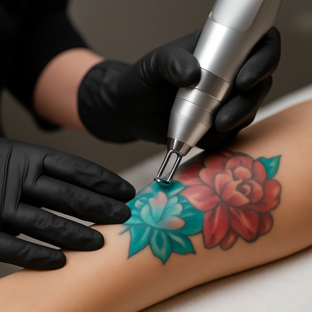 Close up of a Picoway laser treatment on a colored flower tattoo performed on a client's forearm.