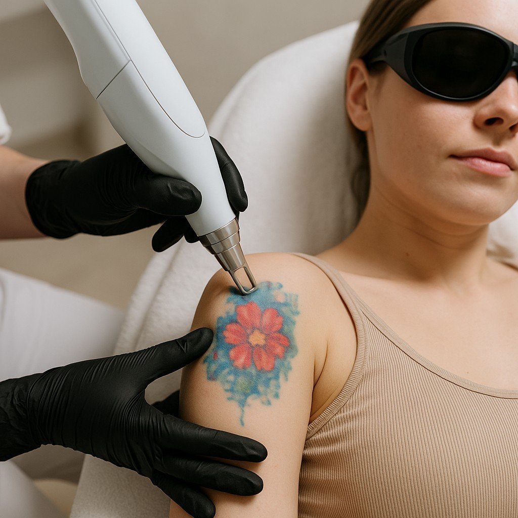 Een medische professional verwijdert een kleurrijke tatoeage met een picoway laser.