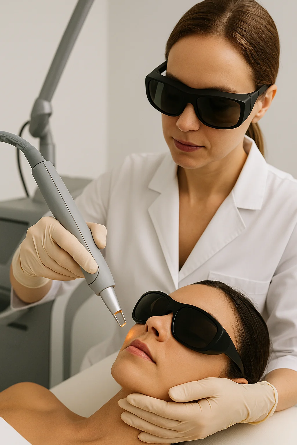 Dermatoloog voert Picoway laserbehandeling uit op wang van patient
