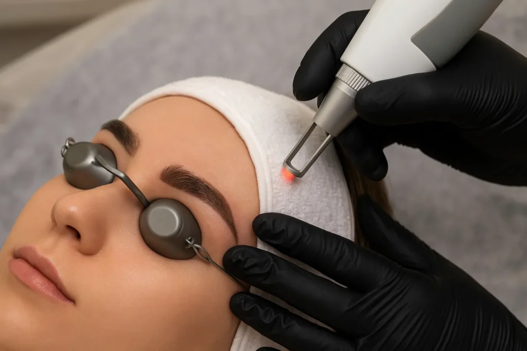 Close up van een vrouw die een laserbehandeling ondergaat voor het verwijderen van permanente make-up op de wenkbrauwen, met beschermende oogkapjes en een steriele setting.